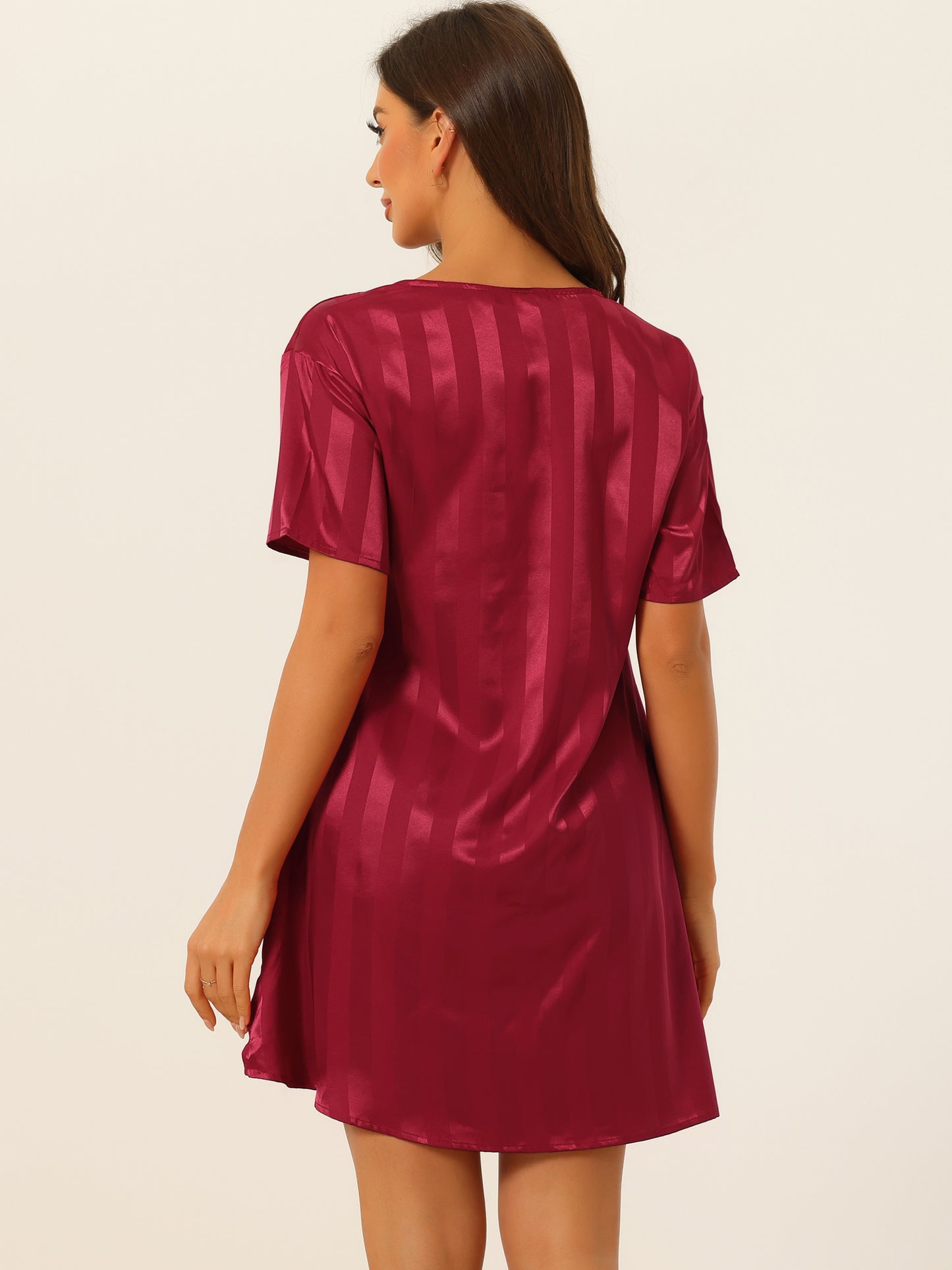 cheibear Pajamas Satin Dress Nightshirt Short Sleeves Lounge Sleepwear Nightgown Wine Red