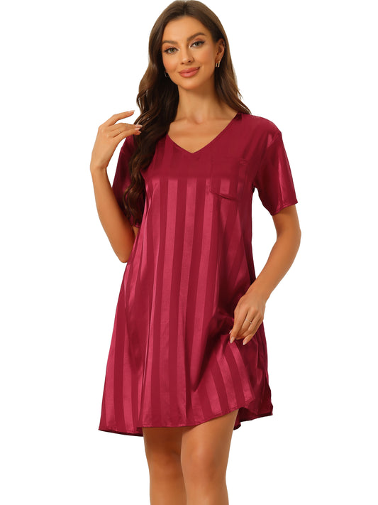 cheibear Pajamas Satin Dress Nightshirt Short Sleeves Lounge Sleepwear Nightgown Wine Red