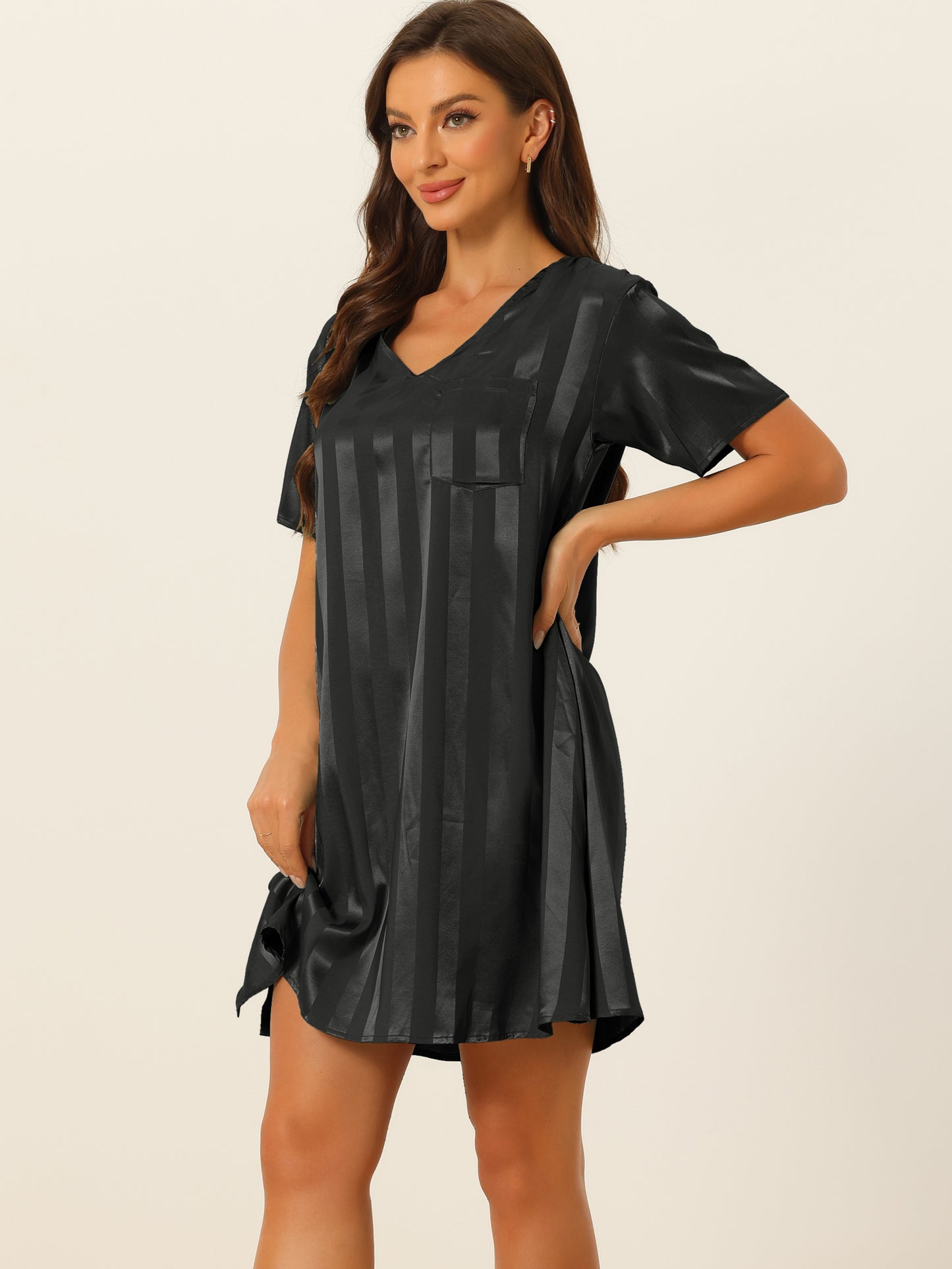 cheibear Pajamas Satin Dress Nightshirt Short Sleeves Lounge Sleepwear Nightgown Black
