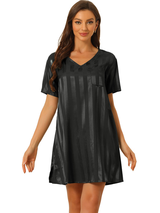 cheibear Pajamas Satin Dress Nightshirt Short Sleeves Lounge Sleepwear Nightgown Black