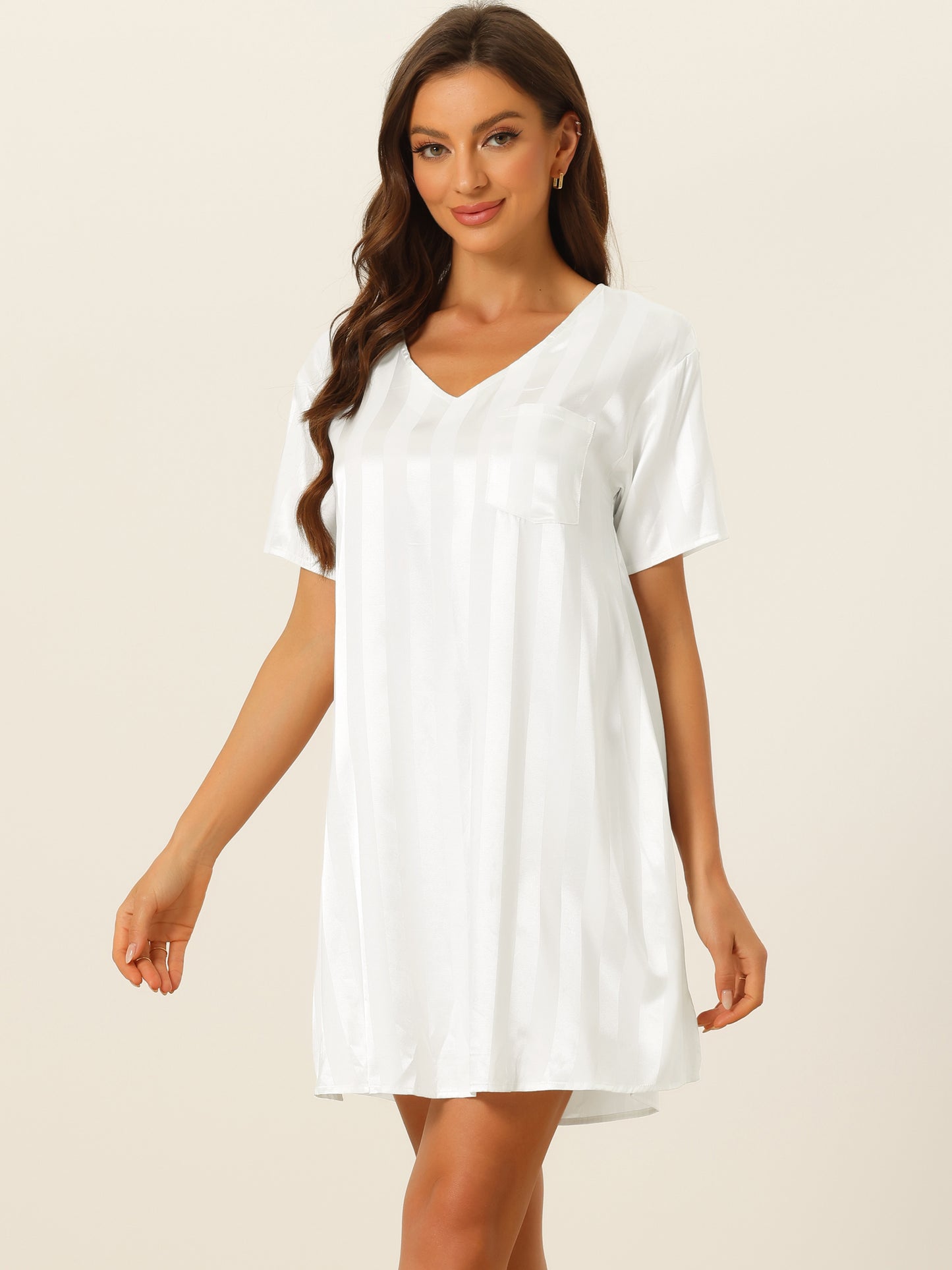 cheibear Pajamas Satin Dress Nightshirt Short Sleeves Lounge Sleepwear Nightgown White