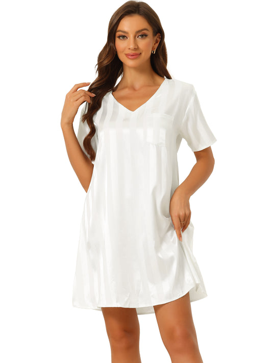 cheibear Pajamas Satin Dress Nightshirt Short Sleeves Lounge Sleepwear Nightgown White