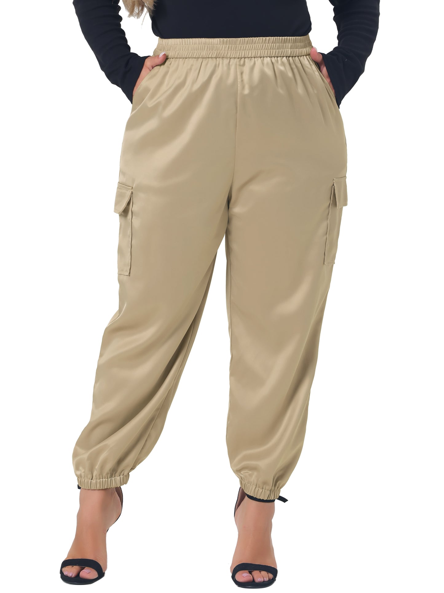 Women Plus Size Satin Joggers Elastic Waist Athleisure Ankle Length Cargo Pants with Pocket