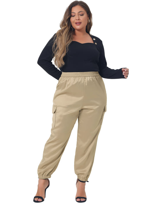 Women Plus Size Satin Joggers Elastic Waist Athleisure Ankle Length Cargo Pants with Pocket