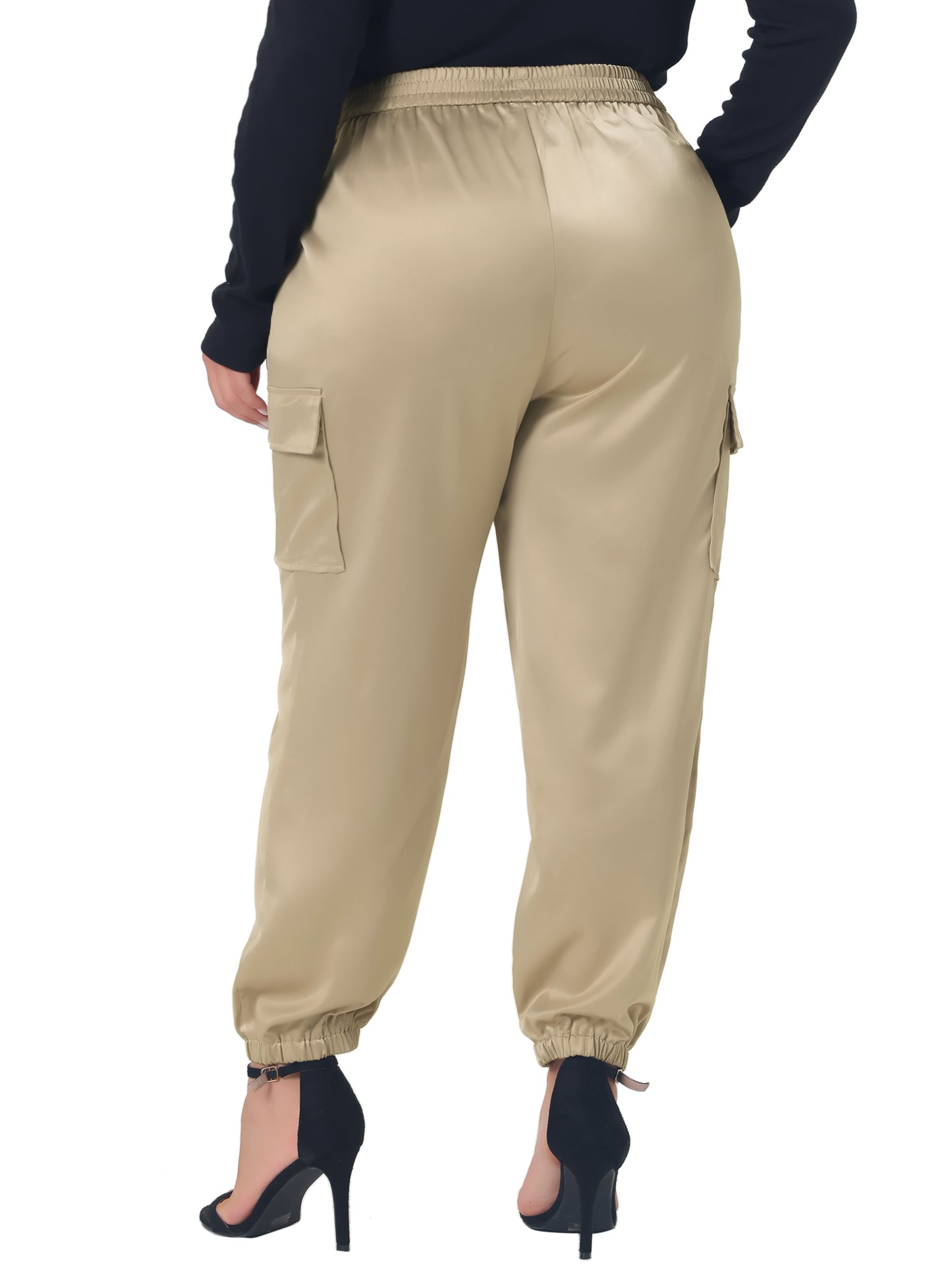 Women Plus Size Satin Joggers Elastic Waist Athleisure Ankle Length Cargo Pants with Pocket