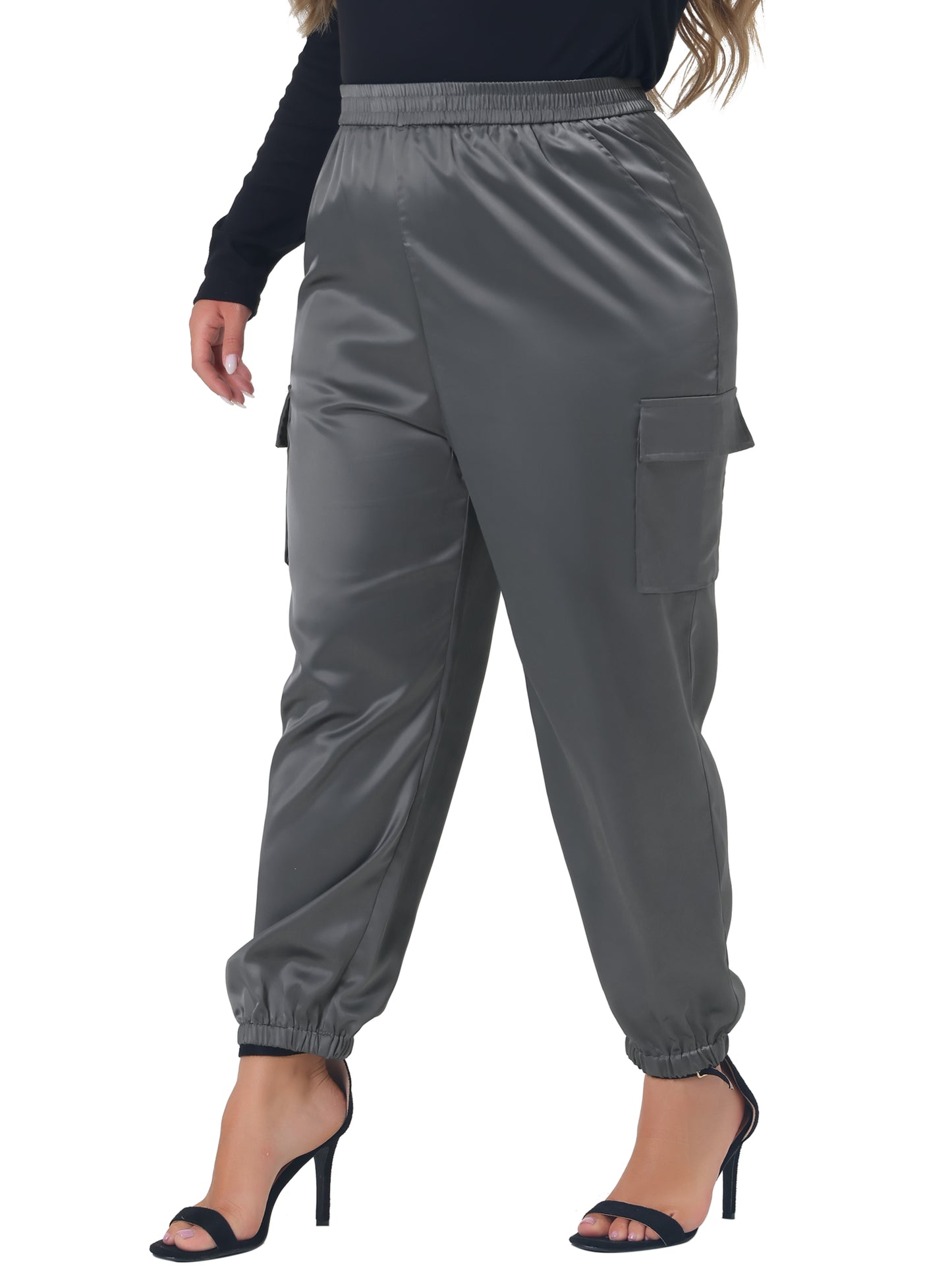 Women Plus Size Satin Joggers Elastic Waist Athleisure Ankle Length Cargo Pants with Pocket
