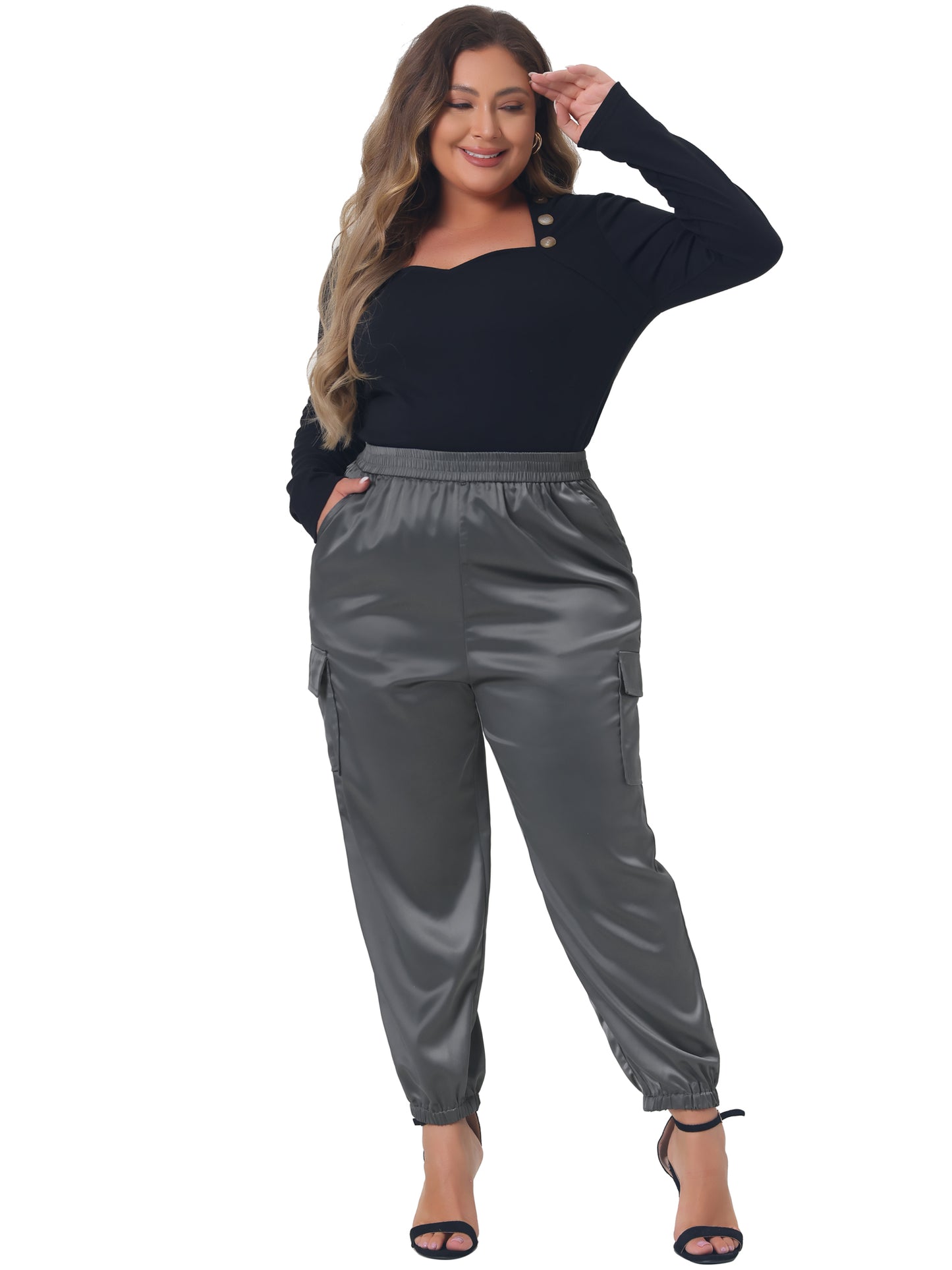 Women Plus Size Satin Joggers Elastic Waist Athleisure Ankle Length Cargo Pants with Pocket