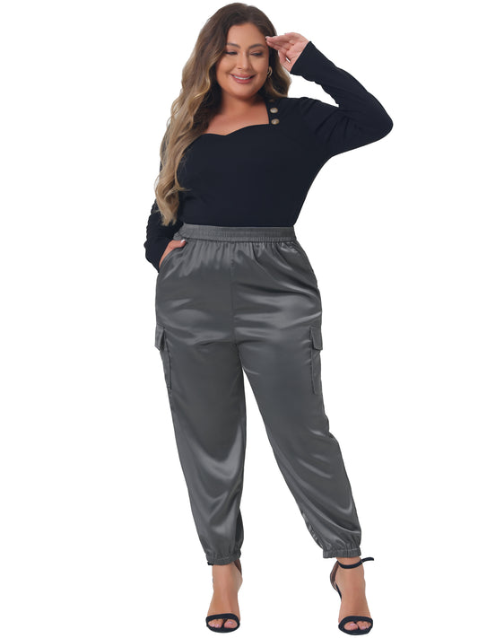 Women Plus Size Satin Joggers Elastic Waist Athleisure Ankle Length Cargo Pants with Pocket