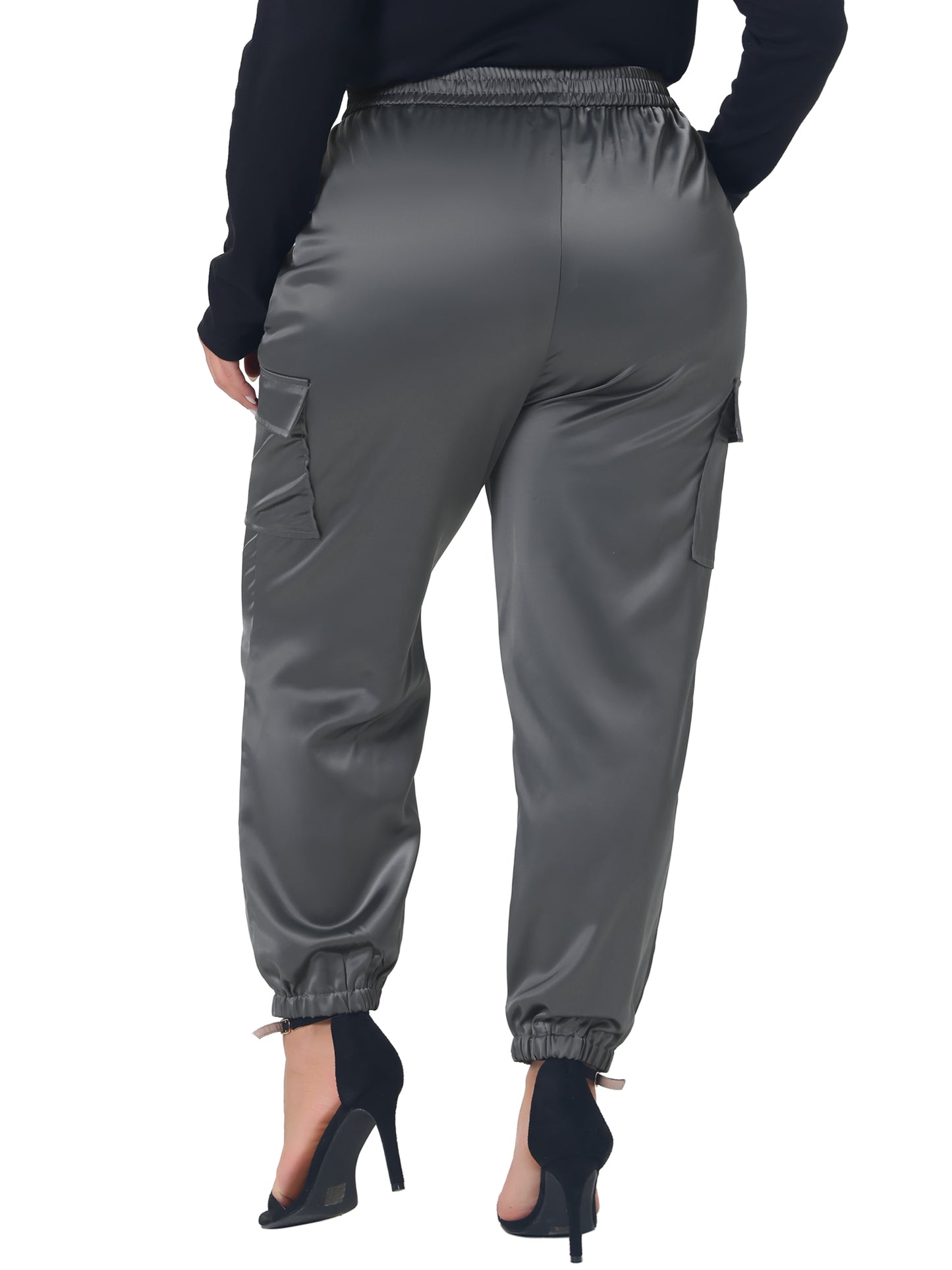 Women Plus Size Satin Joggers Elastic Waist Athleisure Ankle Length Cargo Pants with Pocket