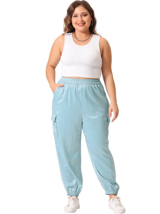 Women Plus Size Satin Joggers Elastic Waist Athleisure Ankle Length Cargo Pants with Pocket