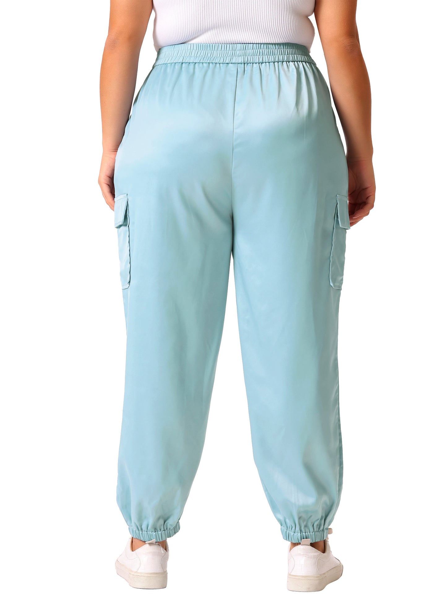 Women Plus Size Satin Joggers Elastic Waist Athleisure Ankle Length Cargo Pants with Pocket