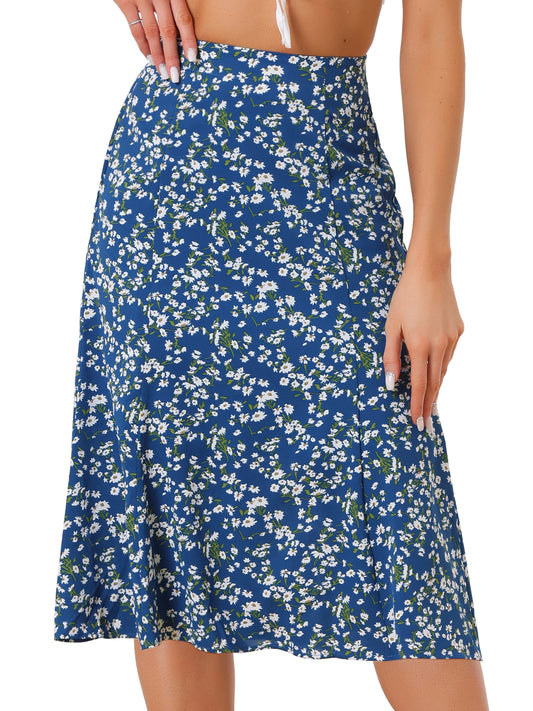 Women's Floral Midi Skirt Peasant Elastic Waist A-Line Ditsy Printed Skirts