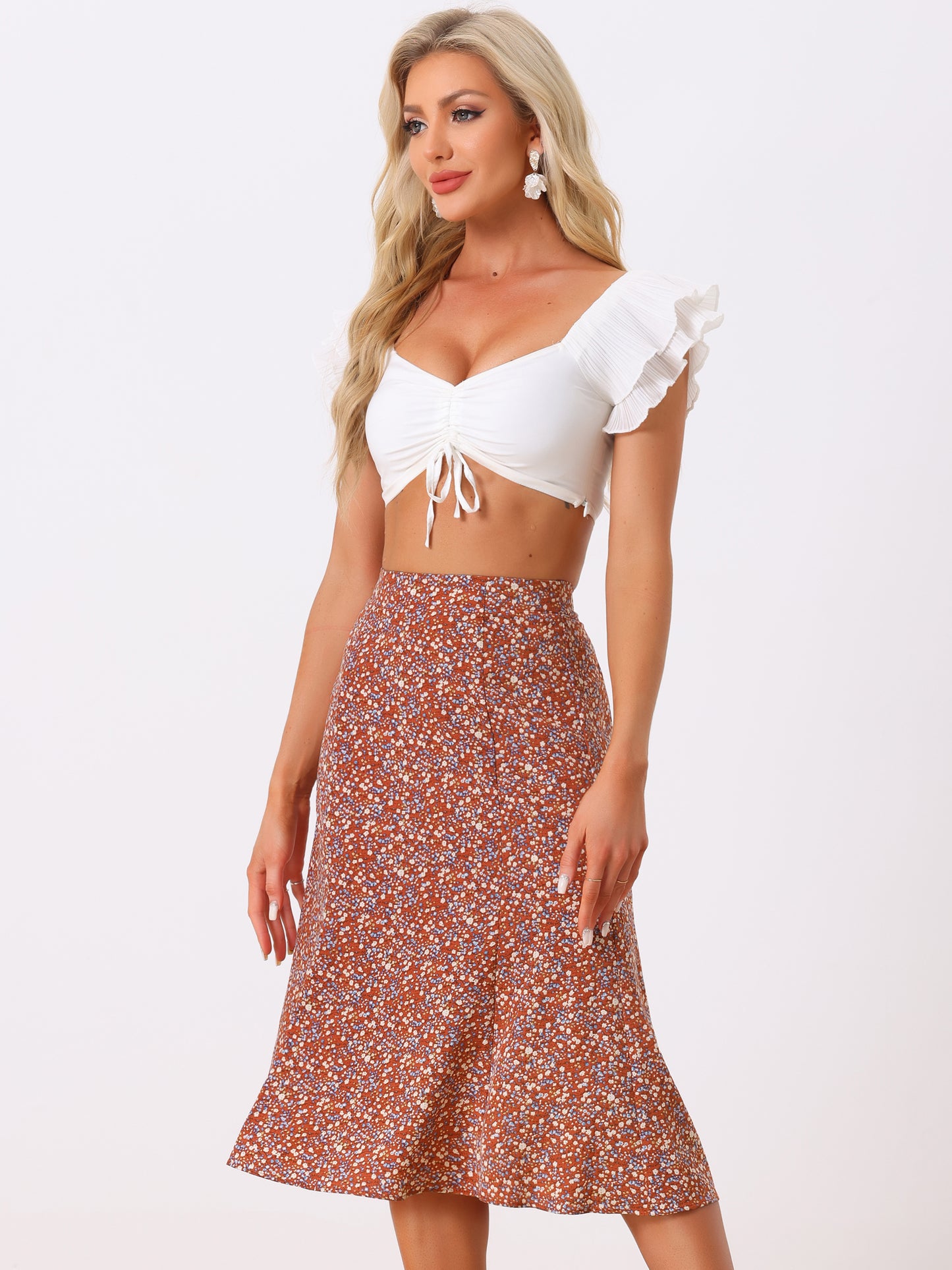 Women's Floral Midi Skirt Peasant Elastic Waist A-Line Ditsy Printed Skirts