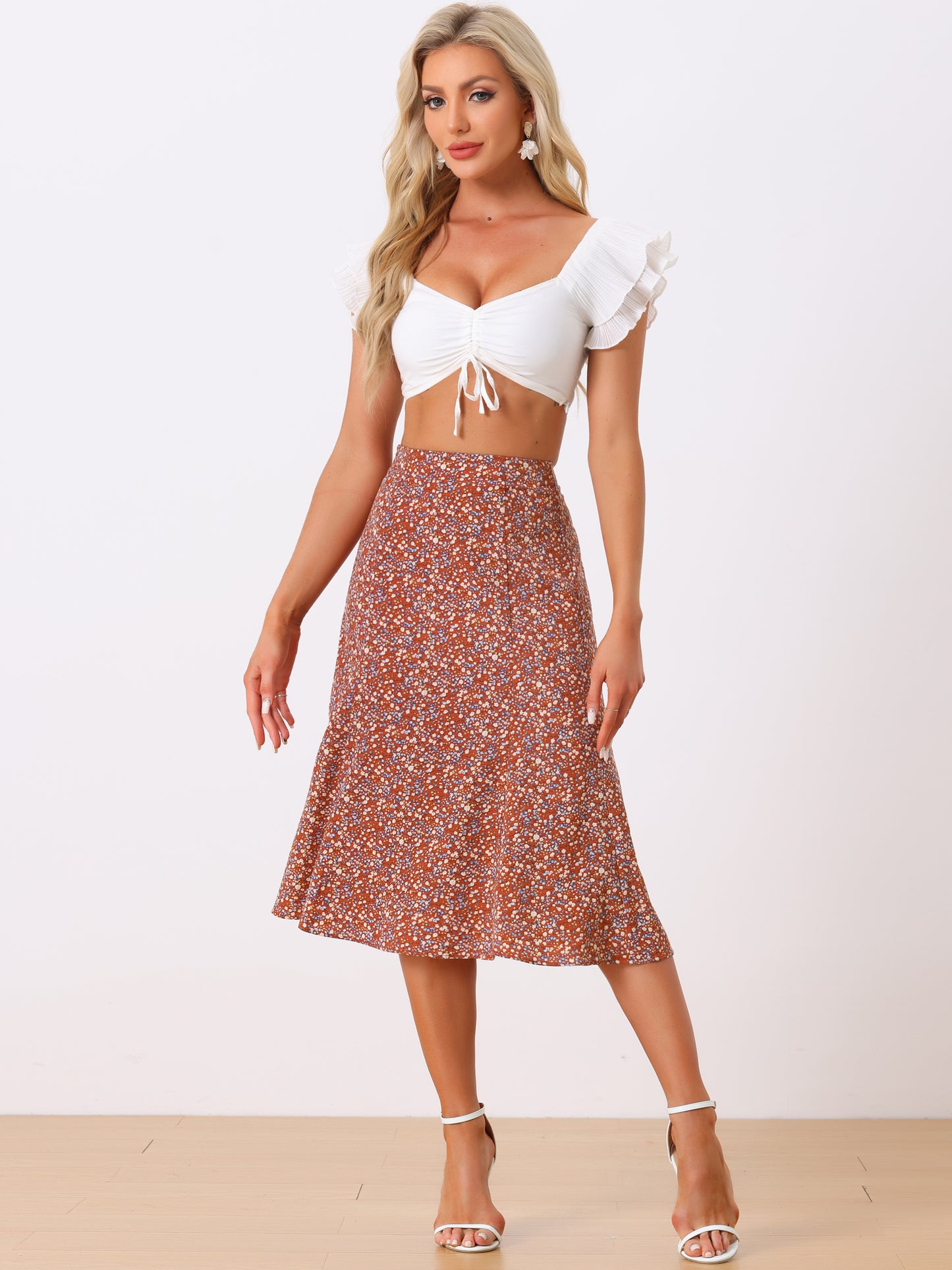 Women's Floral Midi Skirt Peasant Elastic Waist A-Line Ditsy Printed Skirts