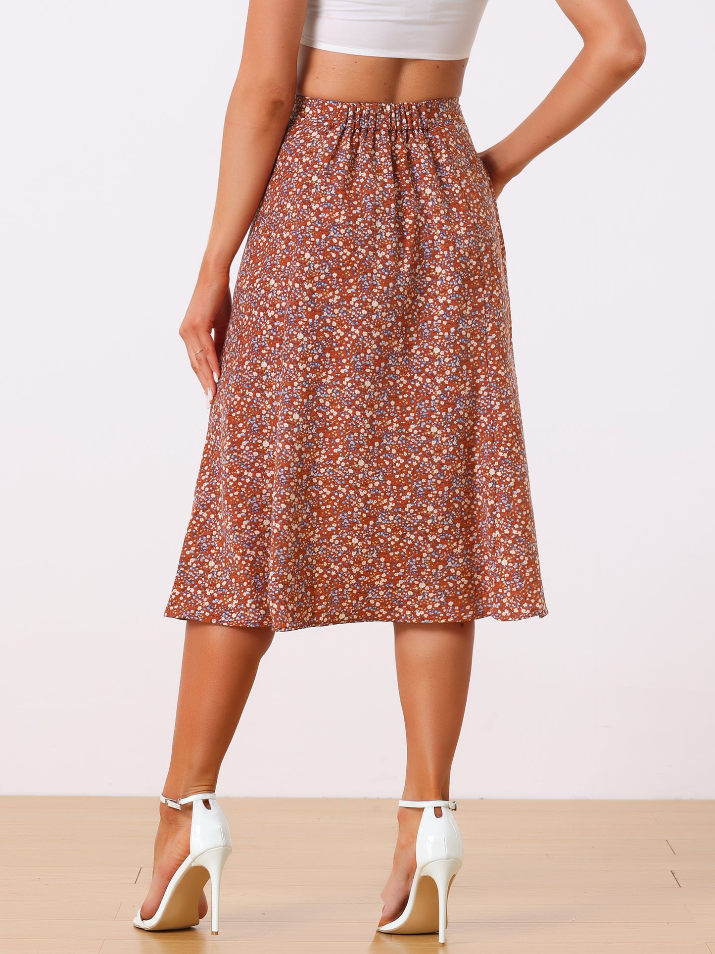 Women's Floral Midi Skirt Peasant Elastic Waist A-Line Ditsy Printed Skirts