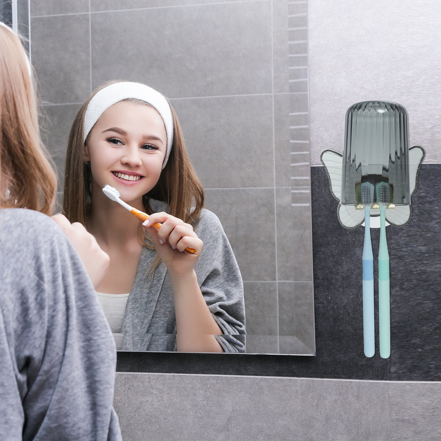 Juego de portacepillos de dientes de pared con forma de mariposa y vaso para baño, 11 x 8,5 cm, color gris