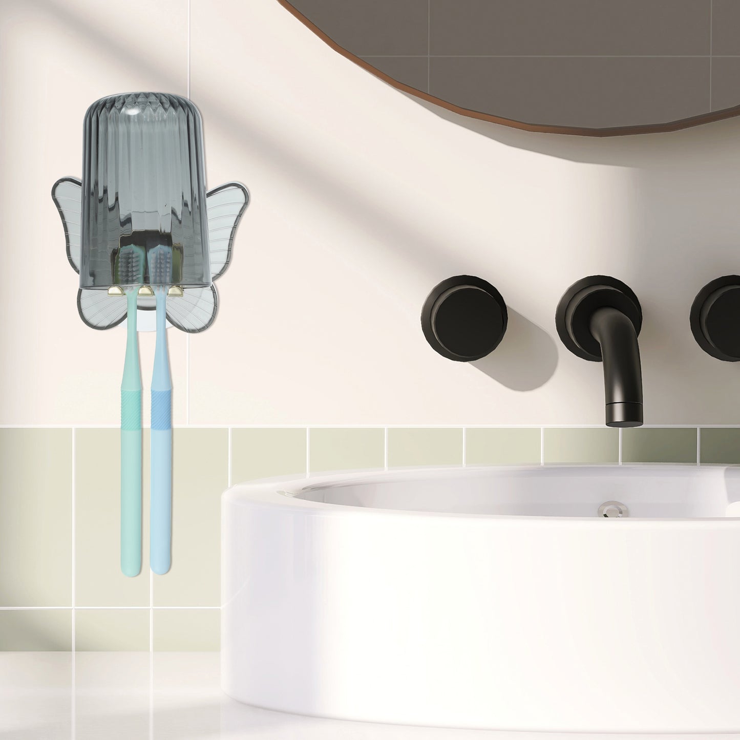 Juego de portacepillos de dientes de pared con forma de mariposa y vaso para baño, 11 x 8,5 cm, color gris