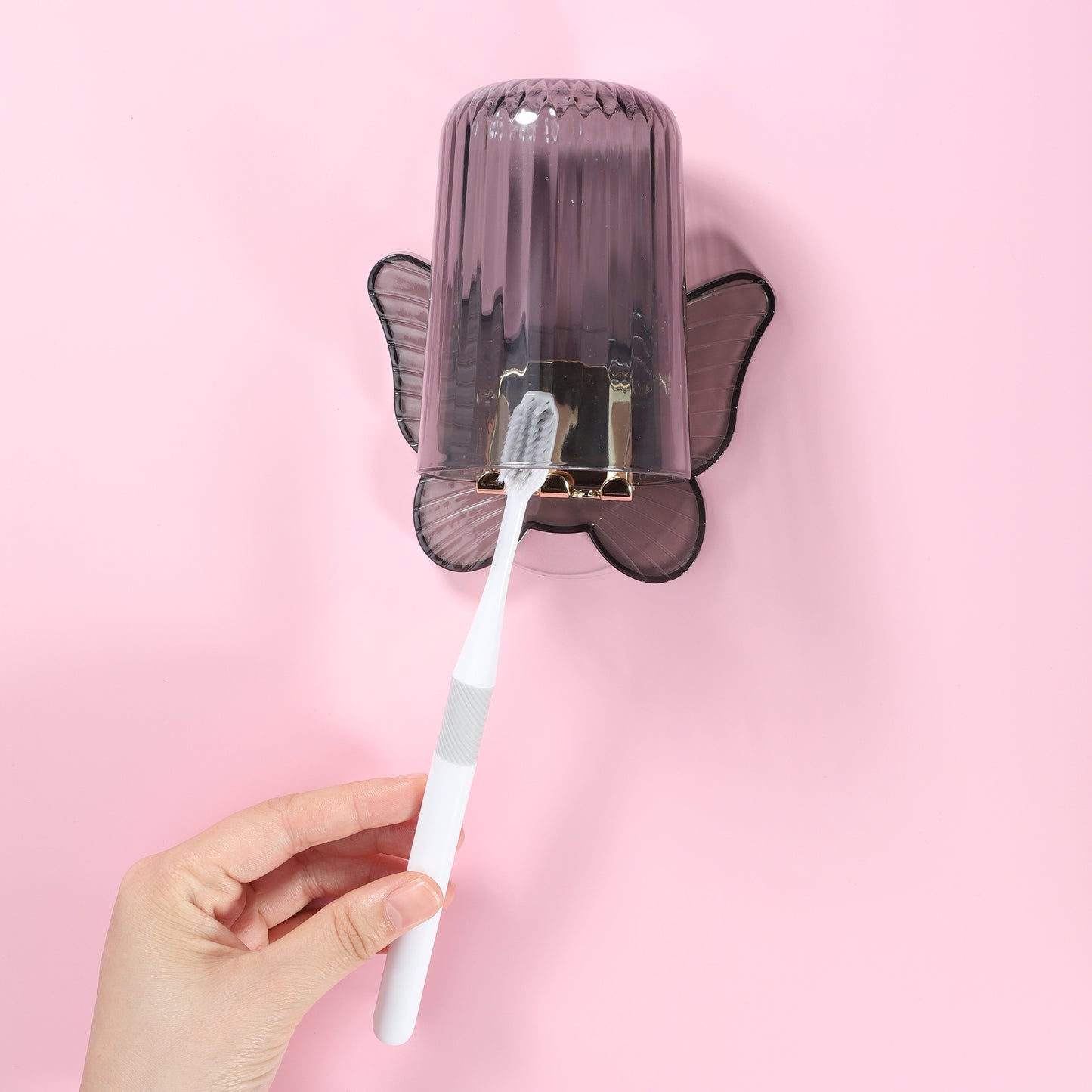 Juego de portacepillos de dientes de pared con forma de mariposa y vaso para baño, 11 x 8,5 cm, color gris
