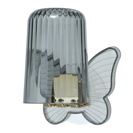 Juego de portacepillos de dientes de pared con forma de mariposa y vaso para baño, 11 x 8,5 cm, color gris