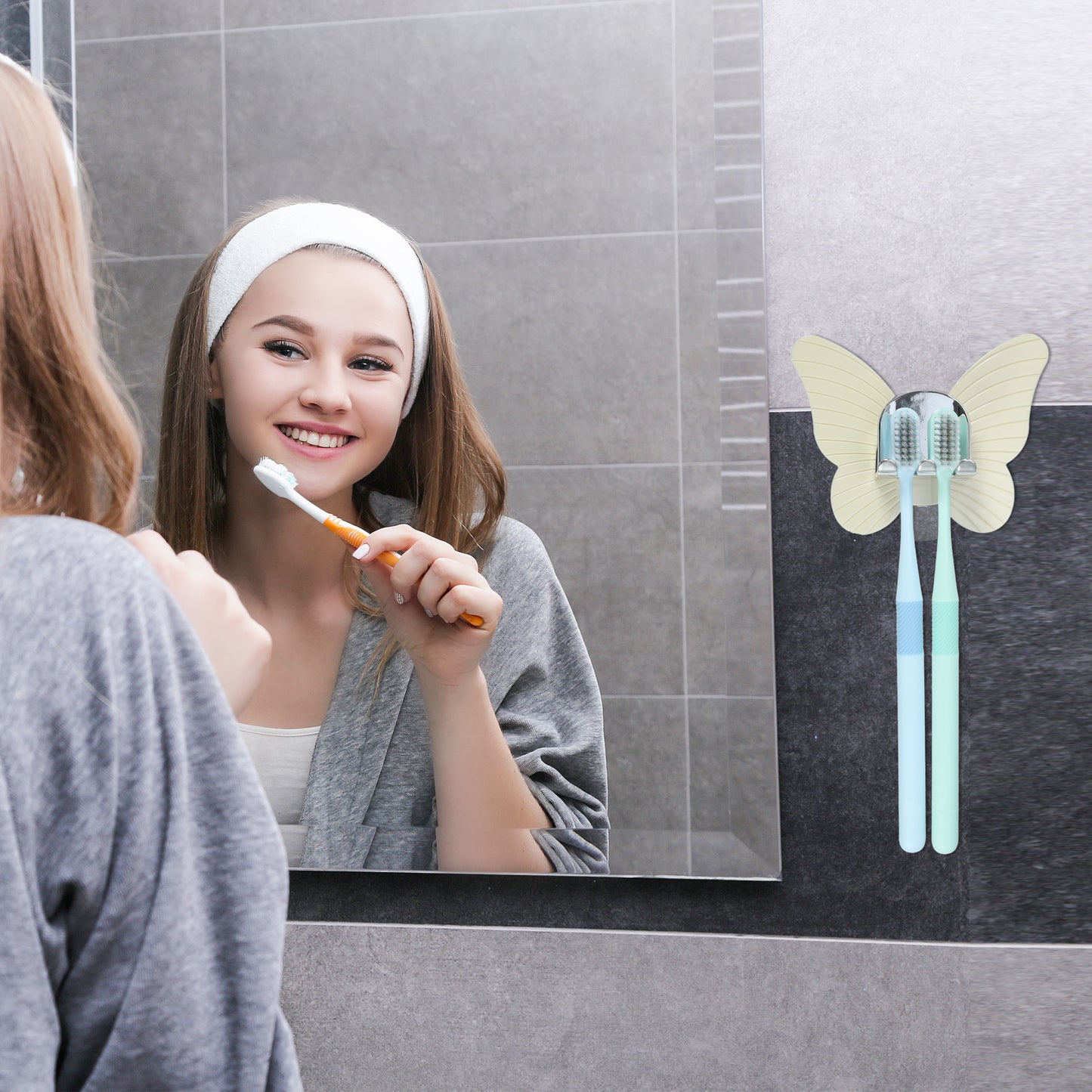 Portacepillos de dientes de pared con forma de mariposa para baño, 11 x 8,5 cm, color beige