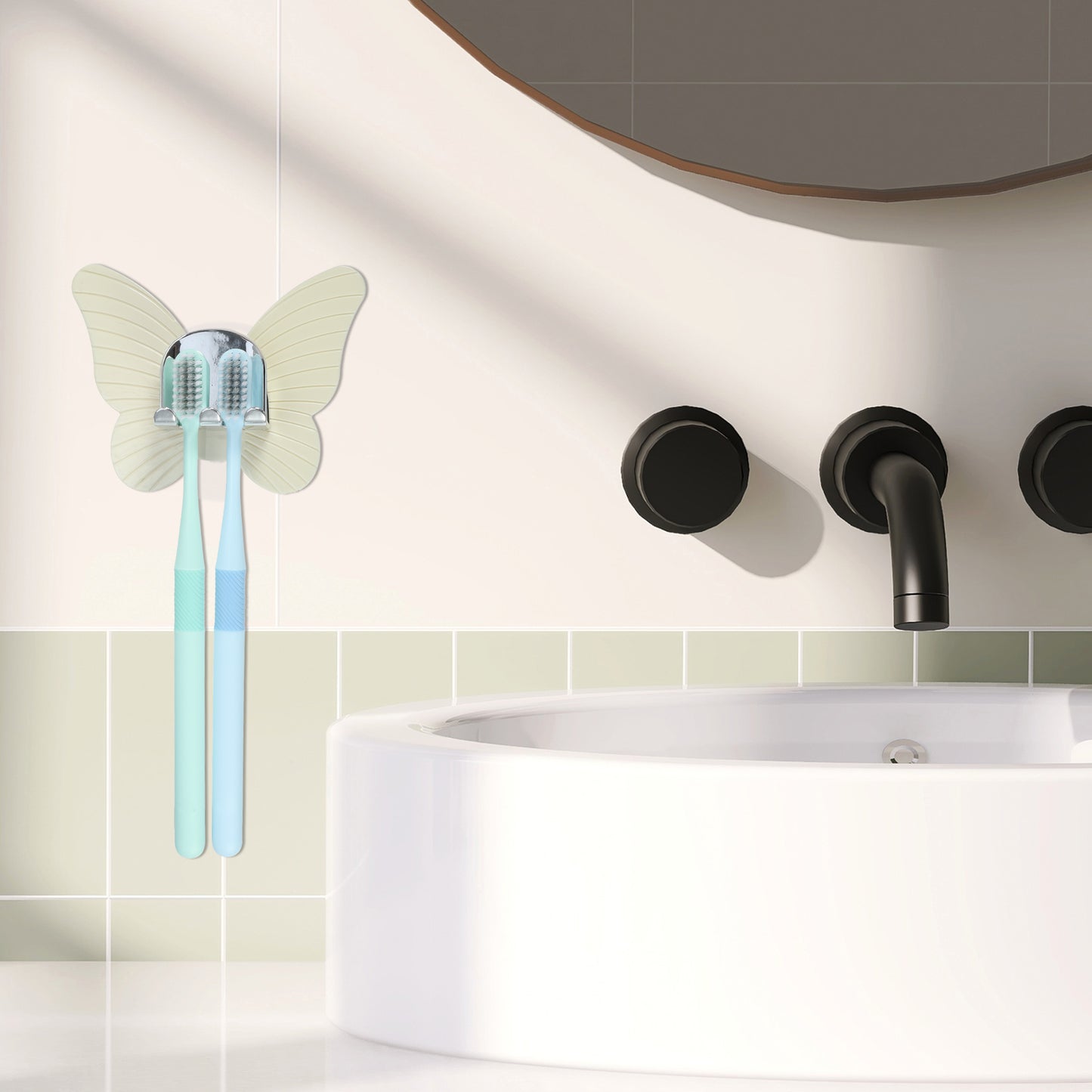 Portacepillos de dientes de pared con forma de mariposa para baño, 11 x 8,5 cm, color beige