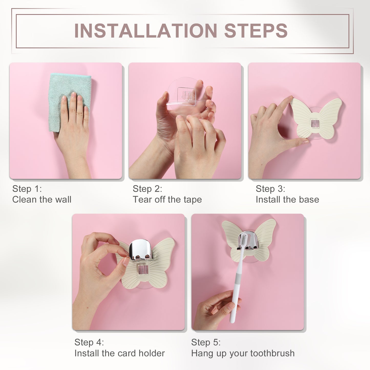 Portacepillos de dientes de pared con forma de mariposa para baño, 11 x 8,5 cm, color beige