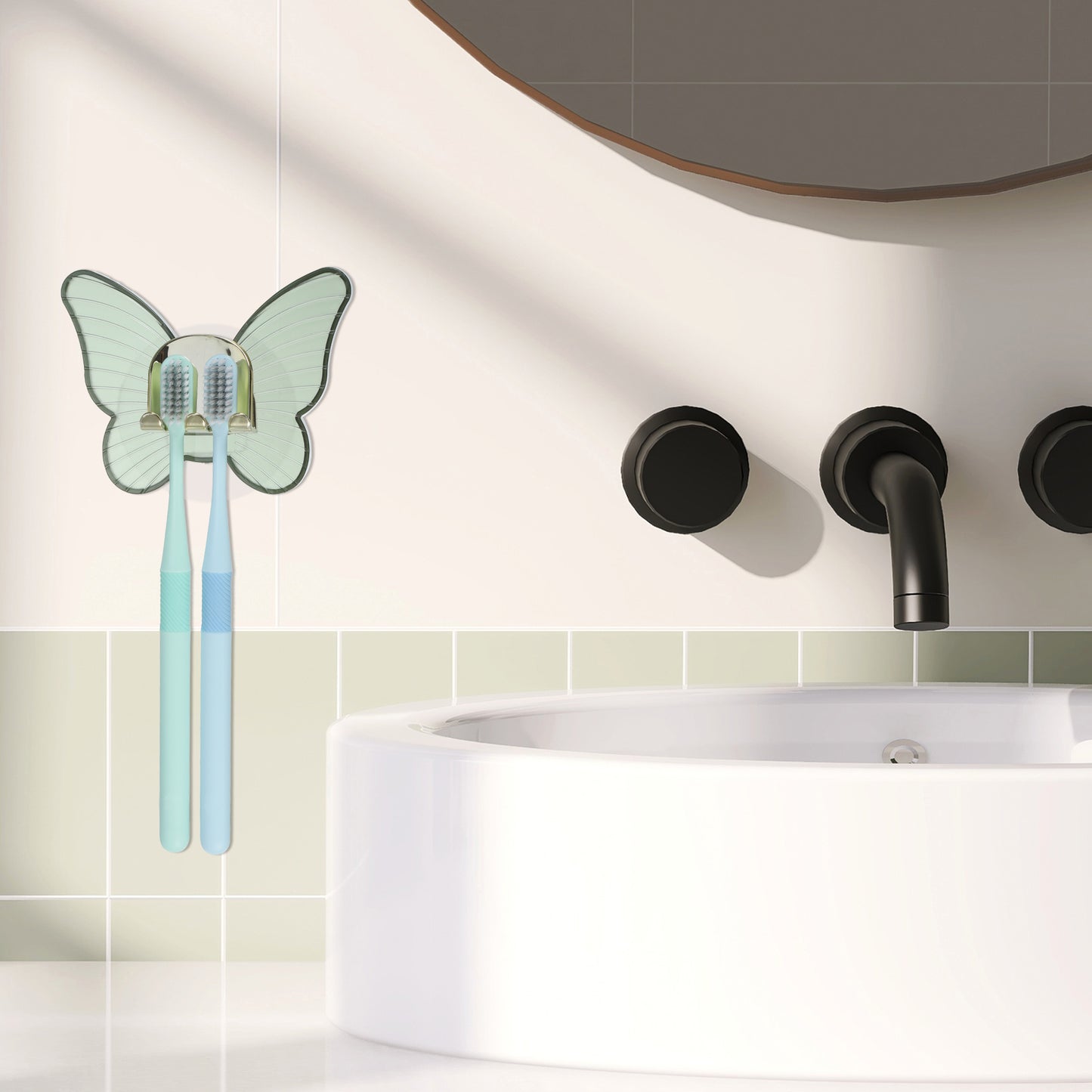 Portacepillos de dientes de pared con forma de mariposa para baño, 11 x 8,5 cm, color verde