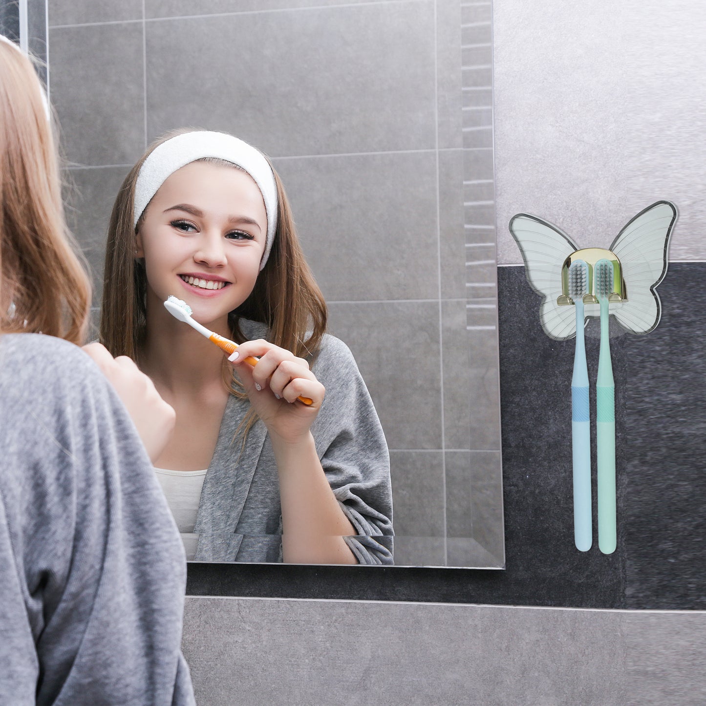 Butterfly Shaped Wall Mounted Toothbrush Holder for Bathrooms, 4.33"x3.35" Gray