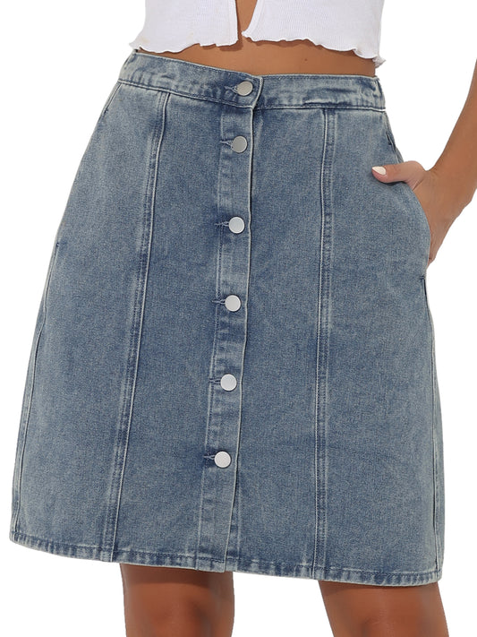 Women's Denim Skirts Summer Casual A-Line Short Button Down Jean Skirt
