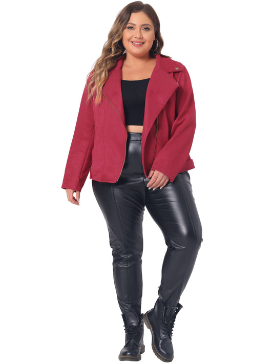 Women Plus Size Faux Suede Jacket Moto Biker Zipper Bomber Crop Coat Jacket