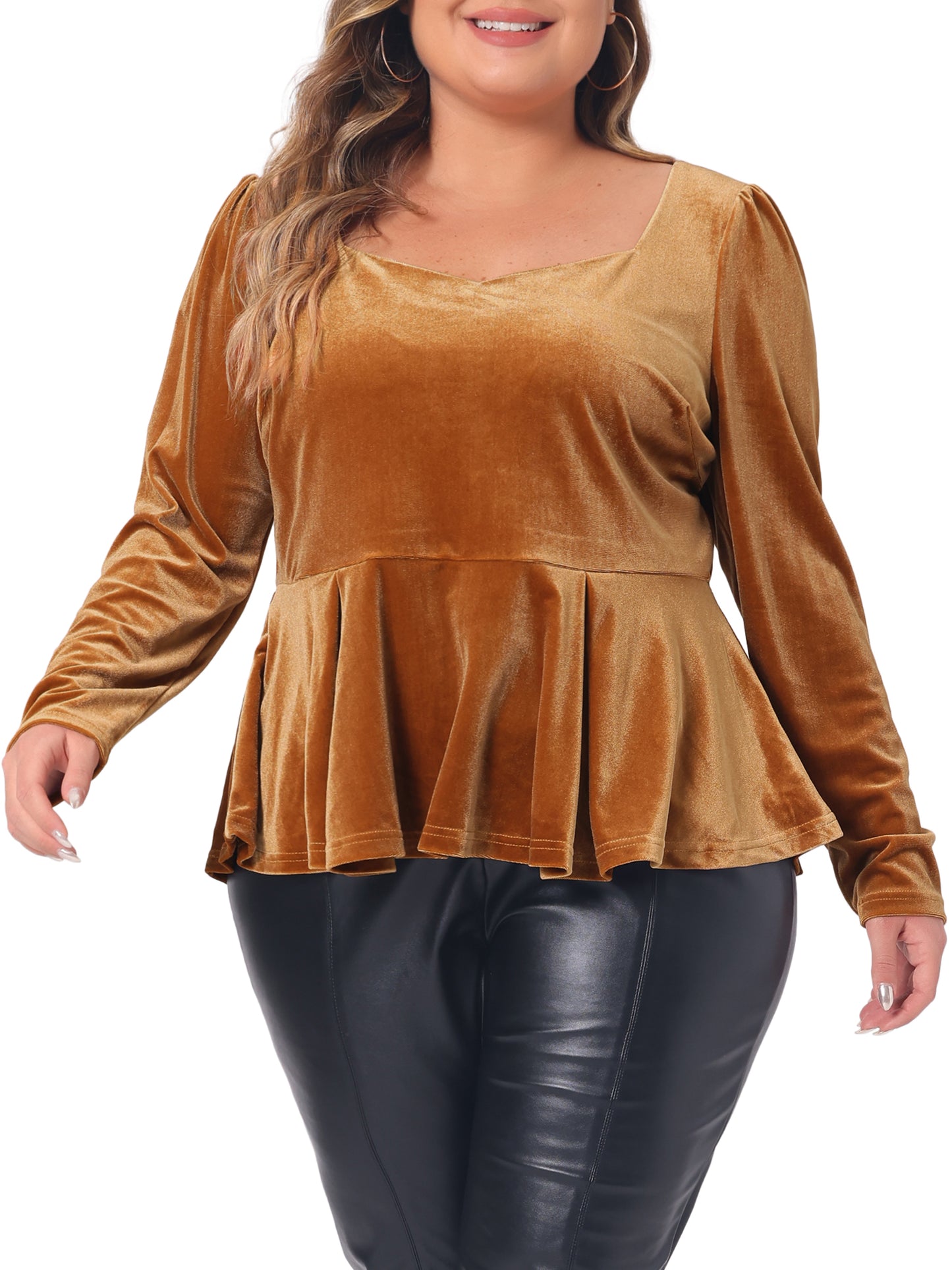 Women Plus Size Velvet Top Long Sleeve Sweetheart V Neck Peplum Blouse