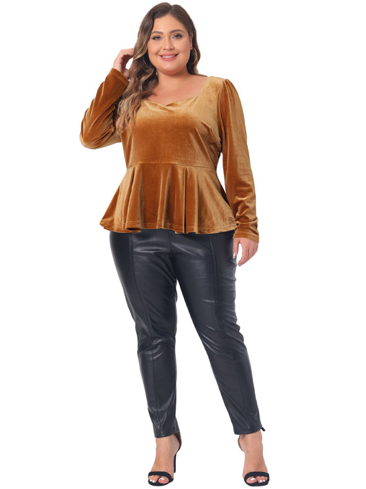 Women Plus Size Velvet Top Long Sleeve Sweetheart V Neck Peplum Blouse