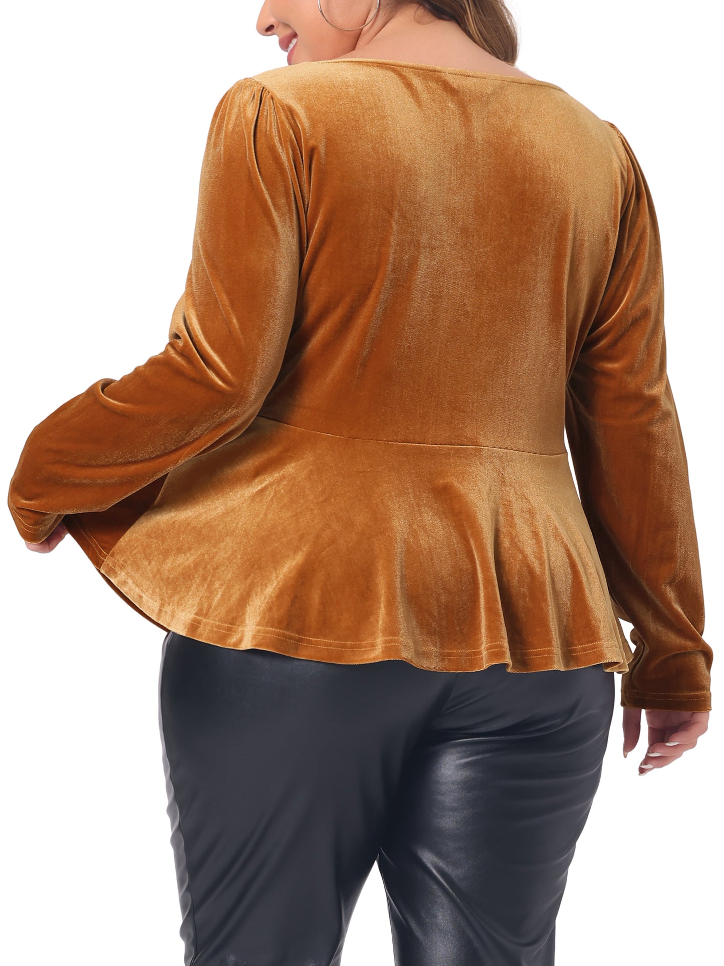 Women Plus Size Velvet Top Long Sleeve Sweetheart V Neck Peplum Blouse