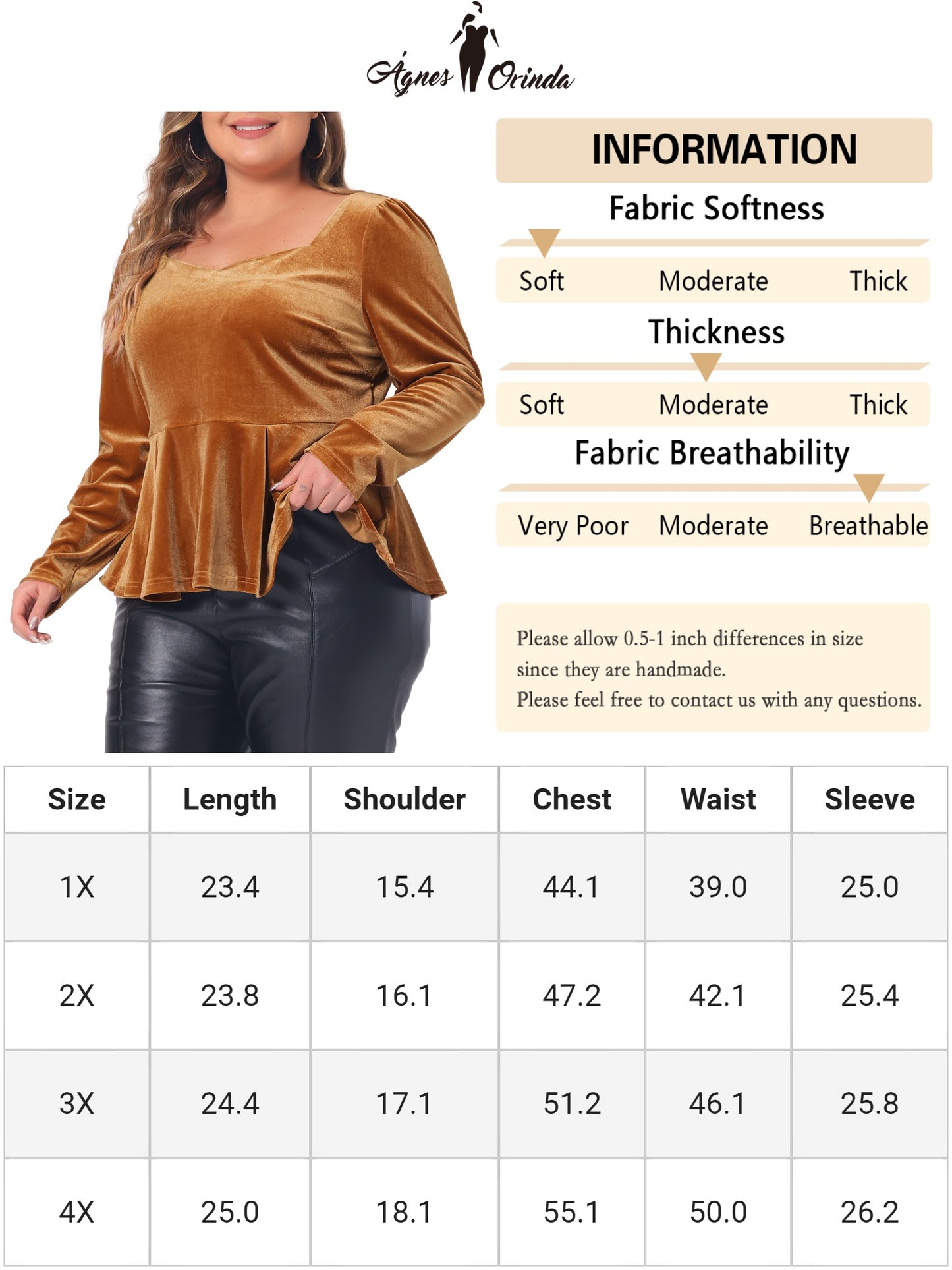 Women Plus Size Velvet Top Long Sleeve Sweetheart V Neck Peplum Blouse