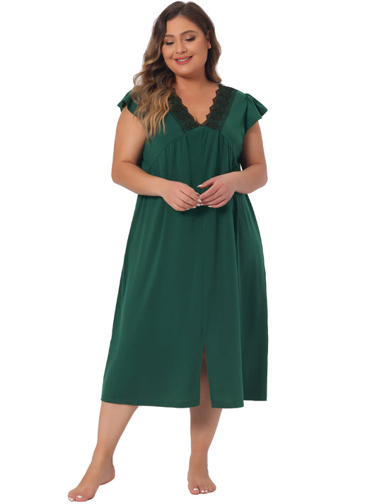 Women's Plus Size Nightgown Sleepwear Lace V Neck Front Slits Nightie Short Sleeves Nightshirt