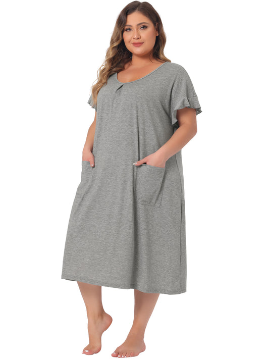 Women Plus Size Nightgowns Pajama Short Sleeve Round Neck Dress with Pockets
