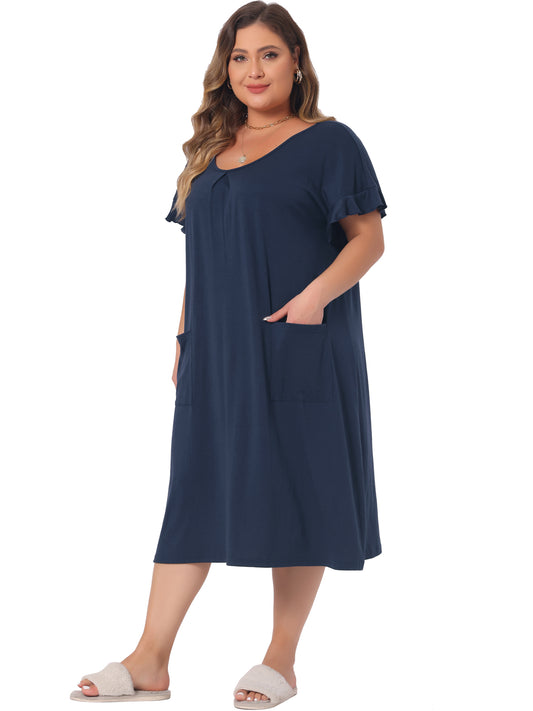 Women Plus Size Nightgowns Pajama Short Sleeve Round Neck Dress with Pockets