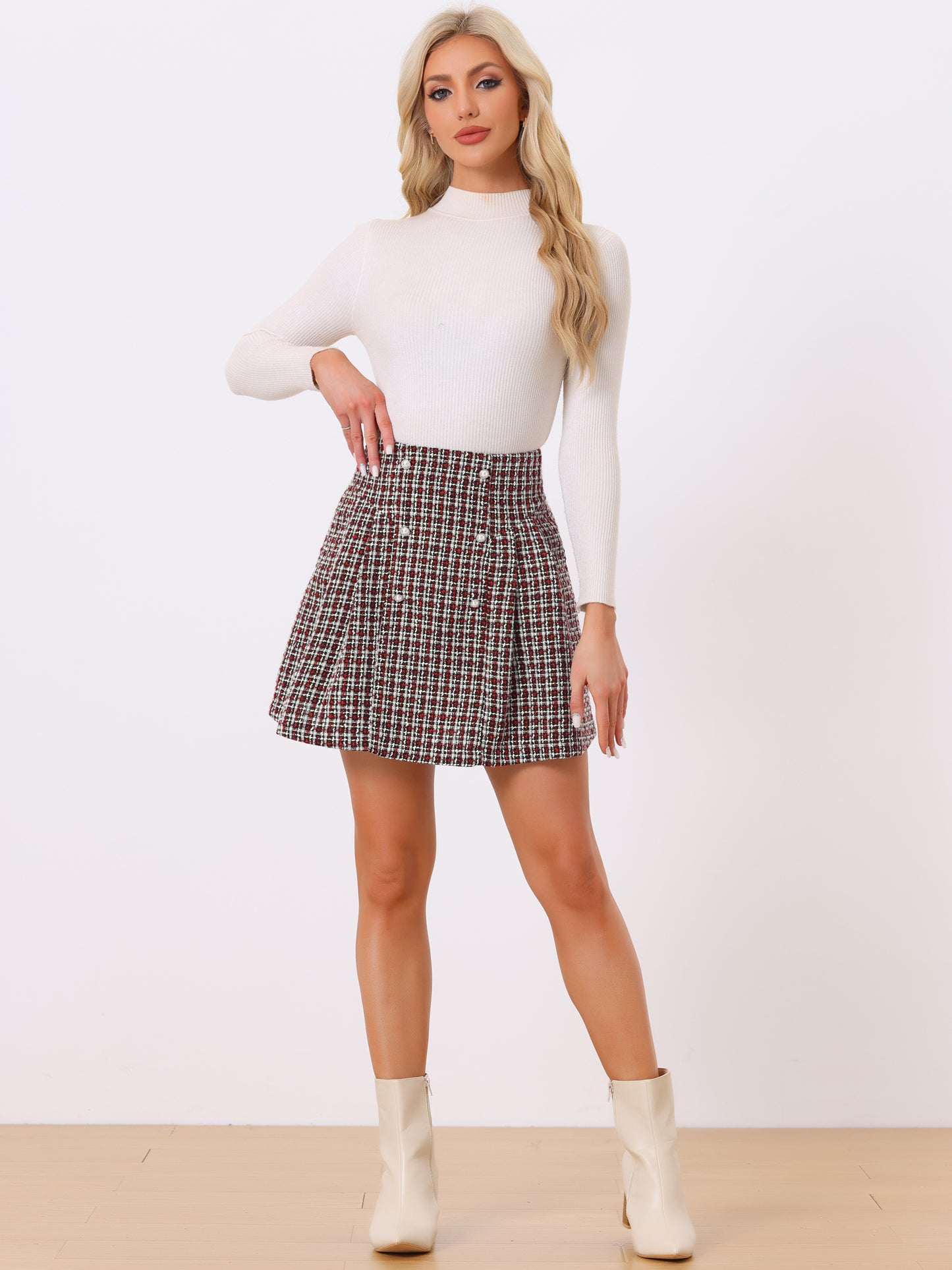 Women's Plaid Tweed Skirt Elegant High Waist Button Decor A-Line Mini Skirt