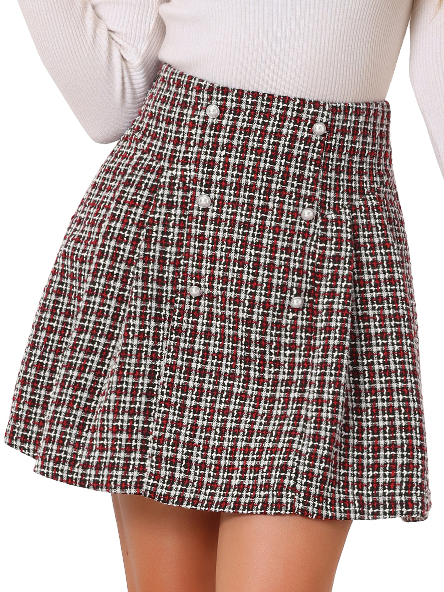 Women's Plaid Tweed Skirt Elegant High Waist Button Decor A-Line Mini Skirt