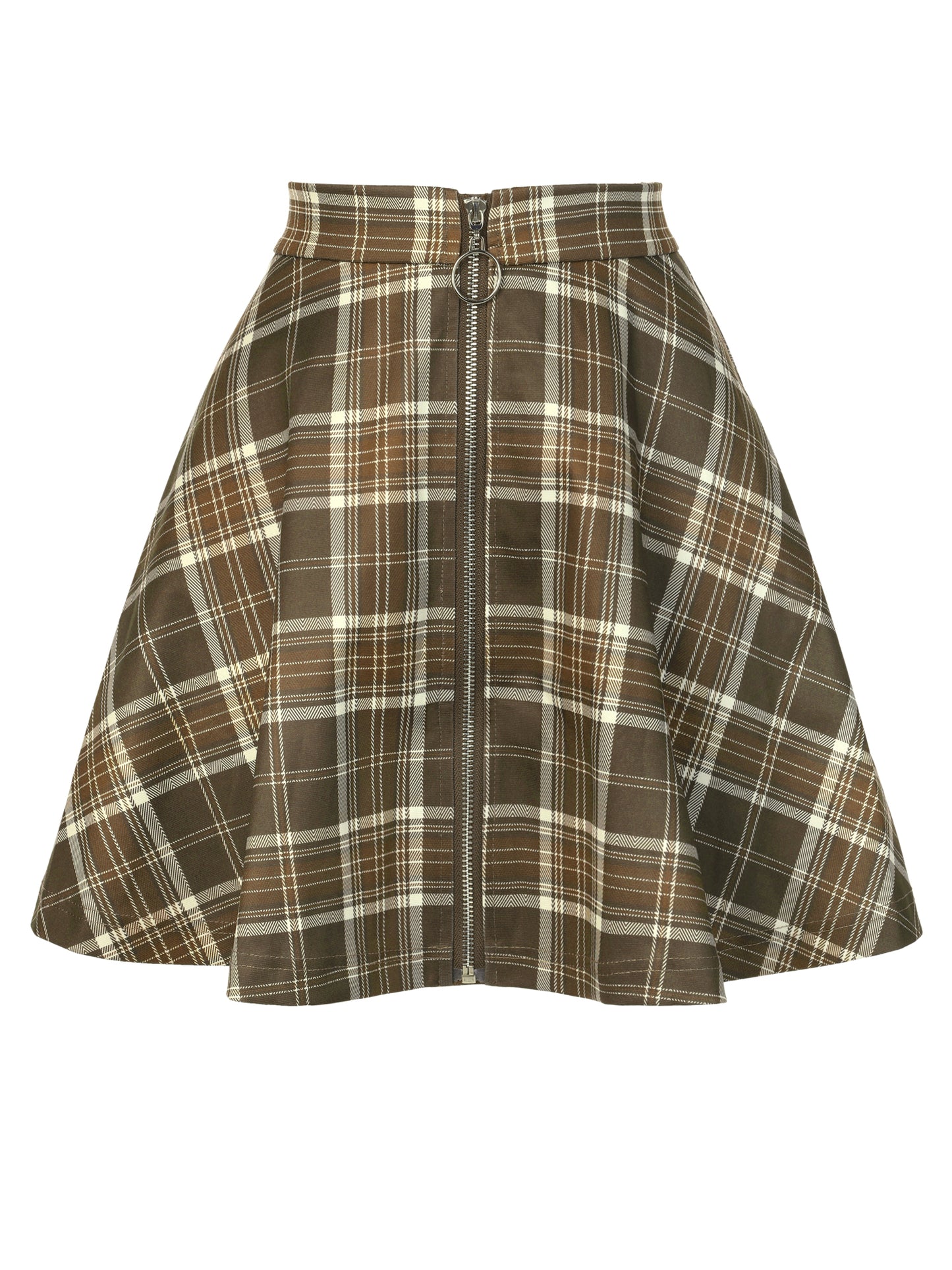 Women's Plaid High Waist Casual A-Line Flare Zip-Up Preppy Checks Flare Mini Skirts