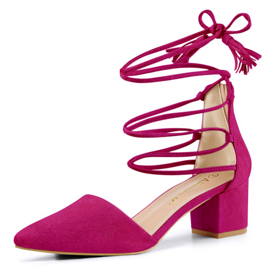 Zapatos de tacón de bloque con punta puntiaguda y cordones para mujer