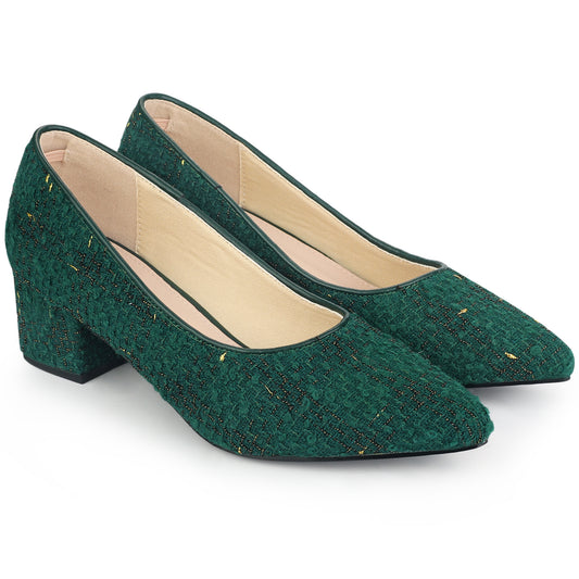 Zapatos de tacón grueso con estampado de cuadros de tweed y punta puntiaguda para mujer