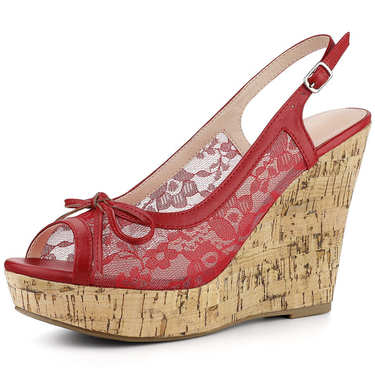 Sandalias de cuña con plataforma, lazo y encaje para mujer