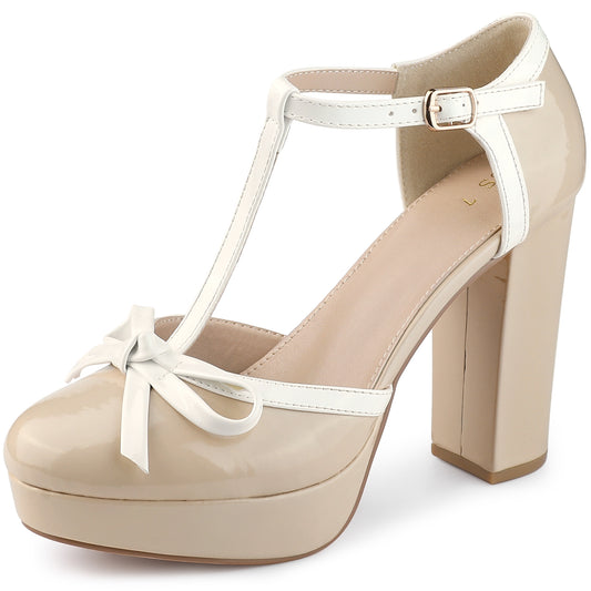 Zapatos de tacón grueso con plataforma y lazo en T para mujer