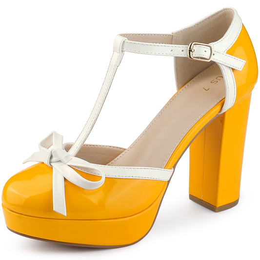 Zapatos de tacón grueso con plataforma y lazo en T para mujer