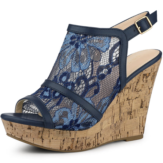 Women Lace Platform Heel Slingback Wedges Sandals