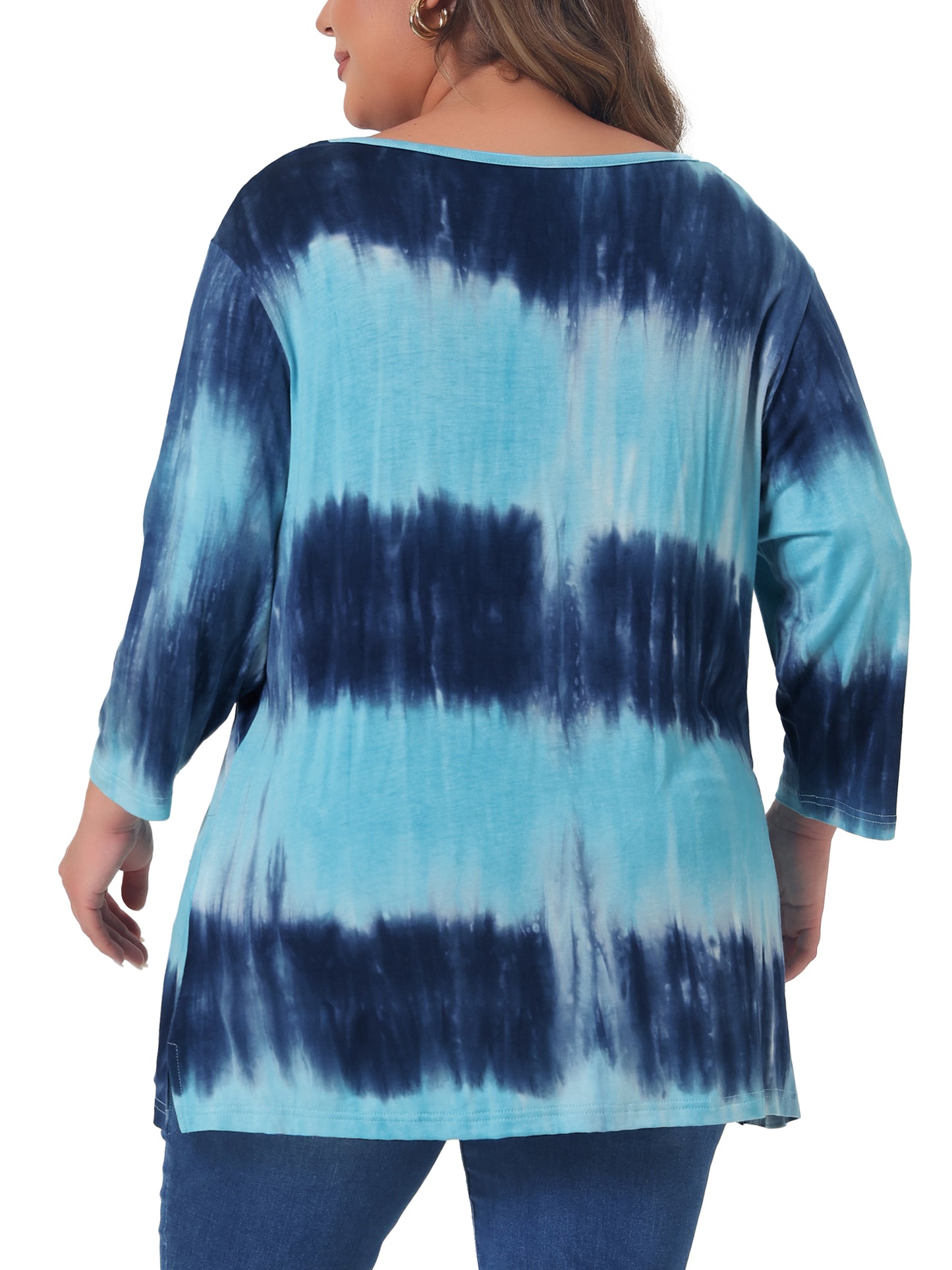 Women Plus Size T Shirt V Neck 3/4 Sleeve Loose Casual Blouse Striped Tie Dye Print