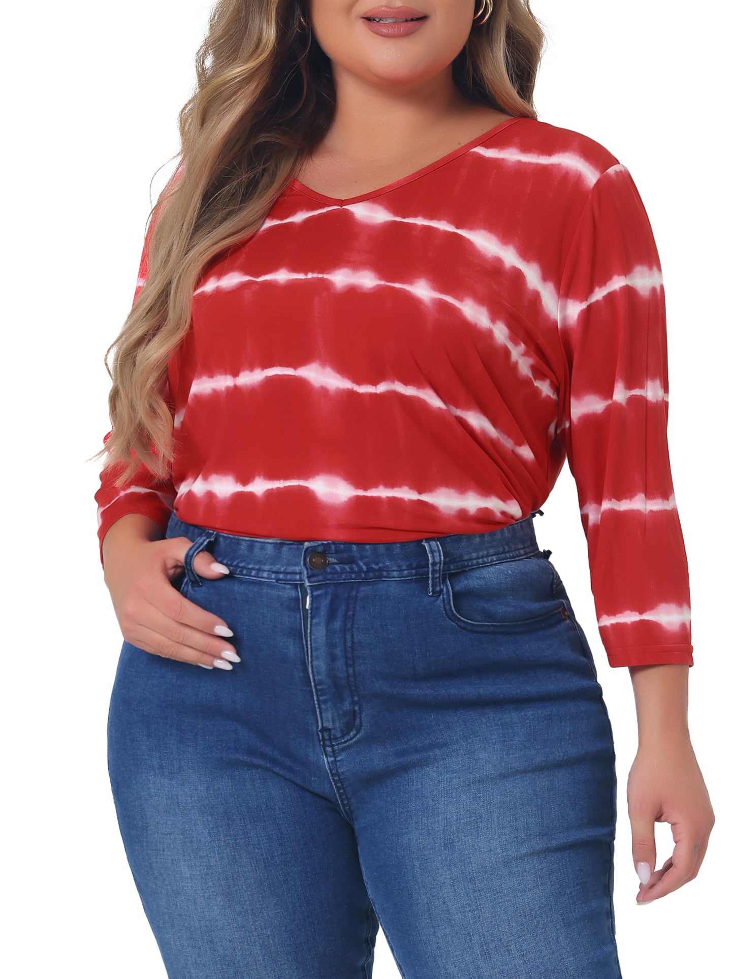 Women Plus Size T Shirt V Neck 3/4 Sleeve Loose Casual Blouse Striped Tie Dye Print
