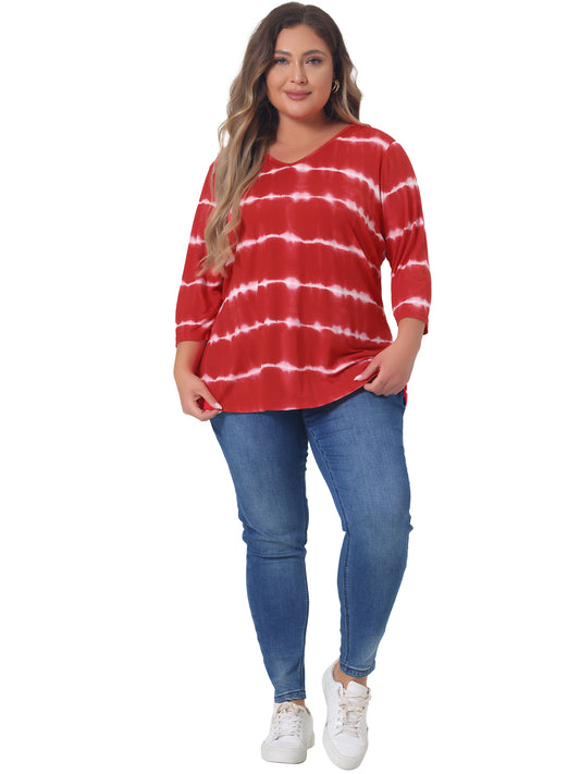 Women Plus Size T Shirt V Neck 3/4 Sleeve Loose Casual Blouse Striped Tie Dye Print