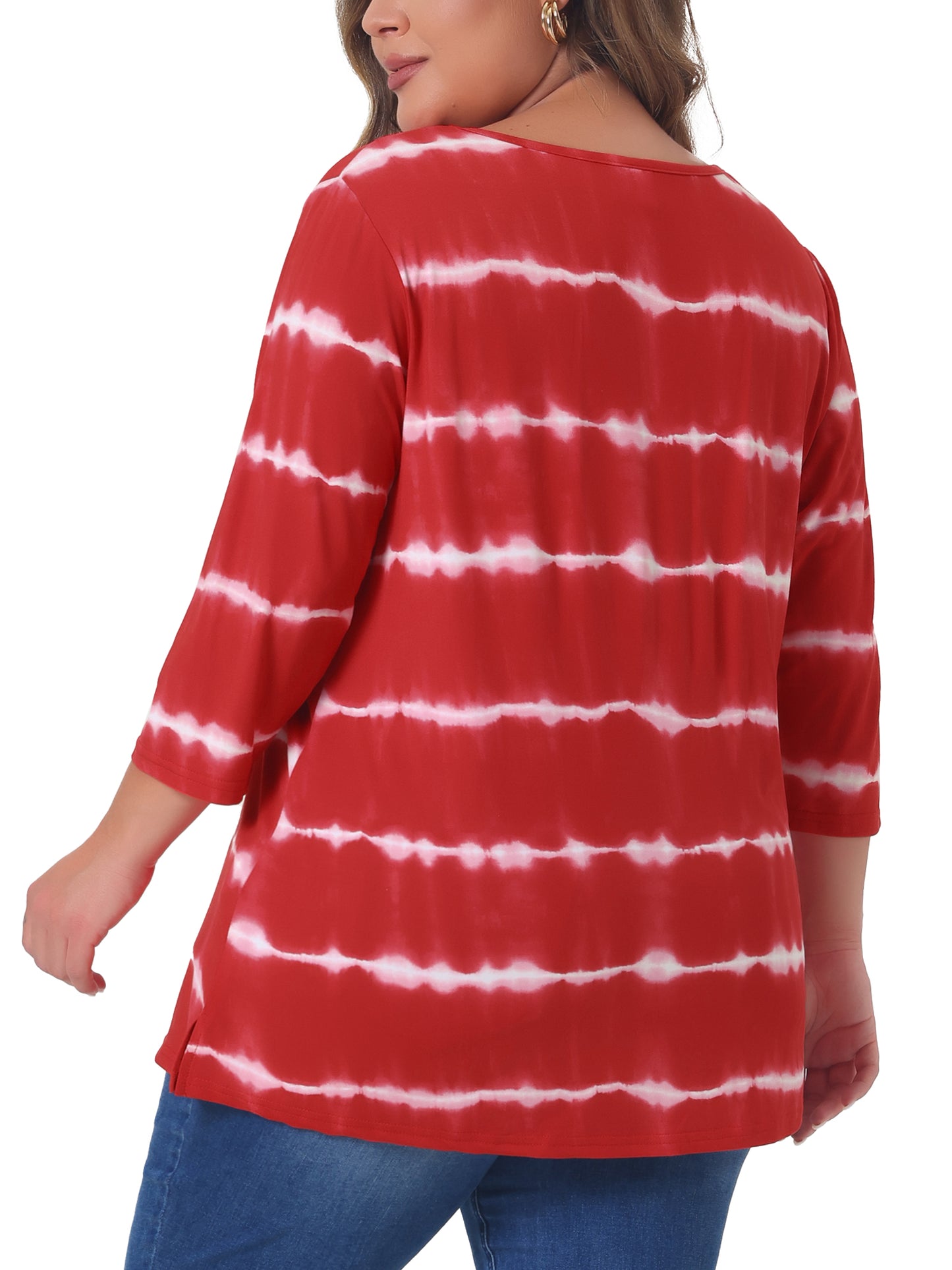 Women Plus Size T Shirt V Neck 3/4 Sleeve Loose Casual Blouse Striped Tie Dye Print